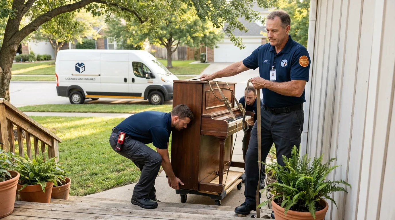 Licensed piano movers securing grand piano in Tuskegee, AL