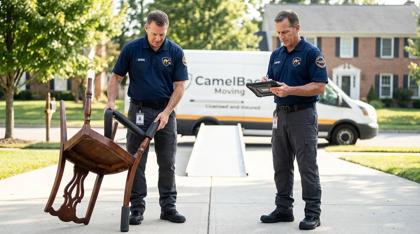 Movers inspecting furniture for damage prevention before loading in Tuskegee, AL